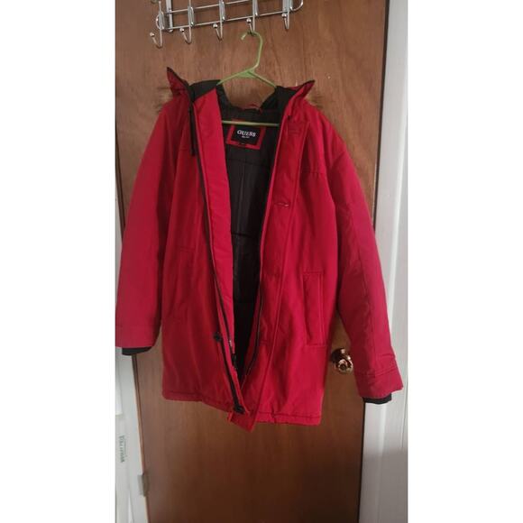 GUESS Red Hooded Parka Jacket – Faux Fur Trim, Quilted Lining, Winter Coat - Picture 1 of 5